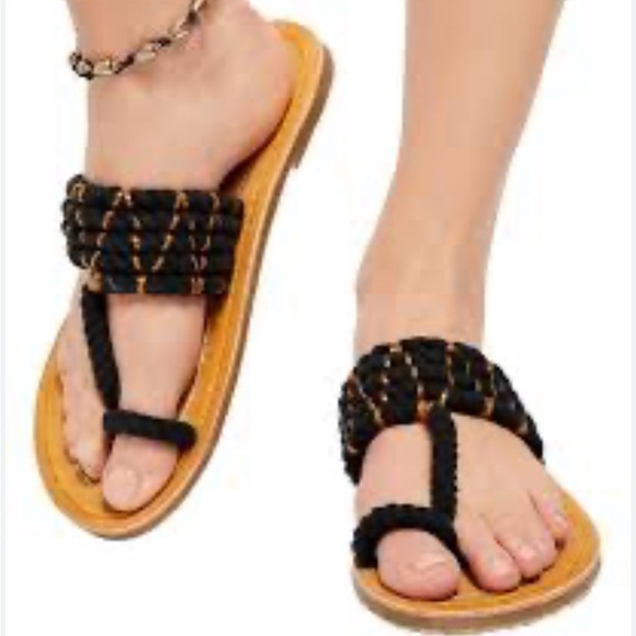 Free People Black & Tan casual Rope leather sole toe flat Sandals size EU 41 - Picture 1 of 9